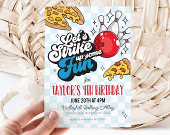 Editable Retro Bowling Party Birthday Invitation - Let's Strike Up Some Fun Bowling Invitation - Bowling & Pizza Party Invitation 5x7 PDF