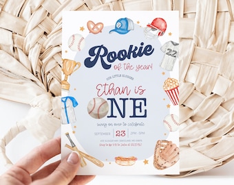 Editable Baseball Rookie of the Year Birthday Invitation - Little Slugger Baseball Birthday Invitation - Sports First Birthday Party 5x7