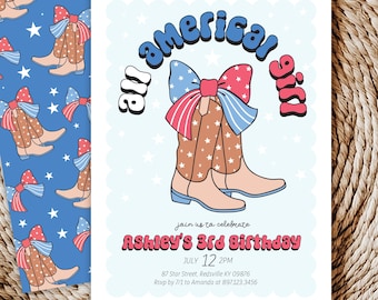 Editable All American Girl July 4th Summer BBQ Girl Birthday American Coquette Cowgirl Boot Flag Bow Red, White and Blue Invitation 5x7 PDF