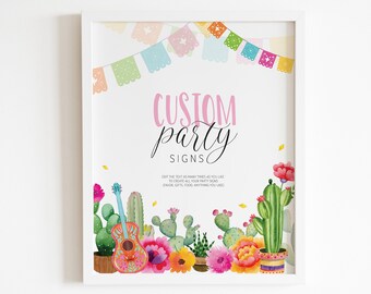 Pode incluir: Um sinal imprimível com um design de cacto e guitarra. O sinal diz "Custom Party Signs" e "Edite o texto quantas vezes quiser para criar todos os seus sinais de festa: etiquetas de favor, presentes, comida, qualquer coisa que você goste."
