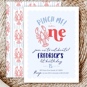 Editable Pinch Me I&#39;m One Boy Birthday Invitation - Lobster Broil 1st Birthday Nautical Low Country Crawfish Boil Summer Invitation 5x7 PDF