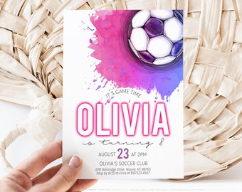 Editable Soccer Ball Girl Birthday Invitation - Let's Kick it Pink Watercolor Soccer Birthday Invitation - It's Game Time Invite 5x7 PDF
