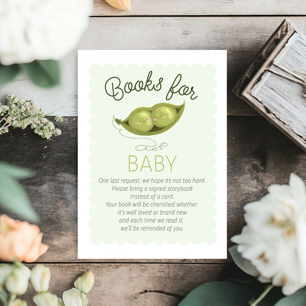 Editable Two Peas in a Pod Baby Shower Books for Baby - Twin Peas in a Pod Bring a Book Library Card - Pea Pod Book Request Card PDF 3.5x5