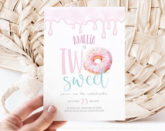 Bewerkbare twee zoete donut meisje verjaardag uitnodiging voor feest - donut opgroeien uitnodigen - een zoete donut uitnodigen - twee zoete donut uitnodiging 5 x 7 PDF