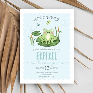 Faire-part d'anniversaire garçon grenouille modifiable - Faire-part d'anniversaire garçon grenouille - Fête d'anniversaire coq de ruban de grenouille bleue 5 x 7 PDF DIY
