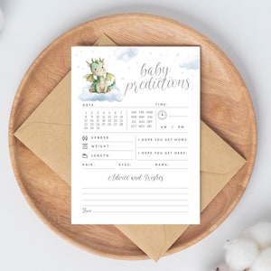 Editable Un pequeño dragón está en camino Predicciones Juego de baby shower - Predicciones de bebé neutrales de género de cuento de hadas y tarjeta de consejos de deseos - PDF 5x7