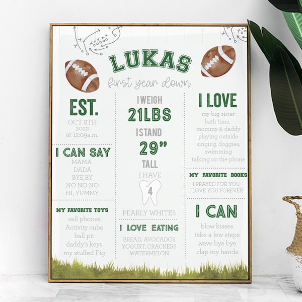 EDITABLE Football Birthday Stats Info Poster - Sports Watercolor Football Stats Sign - Sports American Football First Birthday Poster 16x20