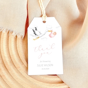 EDITIERBAR Sonderlieferung Babyparty Danke Geschenkanhänger - Pink Storch Vogel mit Baby Mädchen in Decke Fliegen Babyparty Favor Tag 2x3,5 PDF