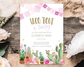 Editable Fiesta Baby Shower Invitation - Taco 'bout a Baby Mexican Cactus Fiesta Shower Invite - Baby Girl Shower Invite 5x7 PDF