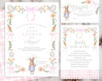 May include: A baby shower invitation suite with a bunny theme. The invitation features a bunny illustration, floral accents, and the text "A Little Bunny is on the Way." Includes a diaper raffle card and a book request card.