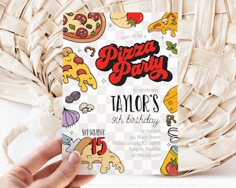 May include: A colorful invitation for a pizza party to celebrate Taylor's 9th birthday. The invitation features a cartoon pizza slice, a pizza box, and the text "Join us for a Pizza Party to celebrate Taylor's 9th birthday".