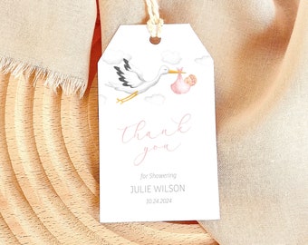 EDITABLE Special Delivery Baby Shower Thank You Gift Tag - Pink Stork Bird With Baby Girl in Blanket Flying Baby Shower Favor Tag 2x3.5 PDF