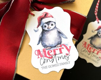 12 Modern Watercolor Penguin Christmas Gift Tags - Merry Christmas Penguin Gift Tag - Custom Christmas Tags - Personalized with Name