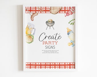 May include: A printable sign with a red and white checkered background. The sign says "Create Party Signs" and includes images of a grill, beer, a hamburger, a baby bottle, and a pacifier. The text below the title says "Edit the text as many times as you like to create all your party signs (favor, gifts, food, anything you like)"