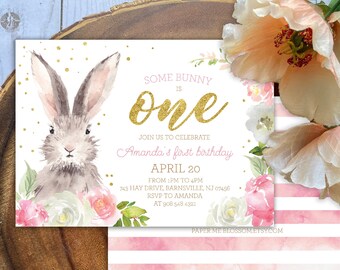 EDITABLE Easter Some Bunny is One Watercolor Floral Invitation - Little Bunny Girl First Birthday Invitation - Customizable PDF DIY File