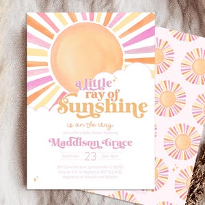Editable A Little Ray of Sunshine Baby Invitation - Boho Girl Pink Little Sunshine Baby Shower Invitation Here Comes the Sun Party 5x7 PDF