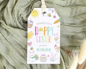 Könnte beinhalten: Weißes Oster-Geschenkanhänger mit cremefarbener Schnur. Der Anhänger zeigt farbenfrohe Illustrationen eines Küken, Hasen und Osterkorbs. Der Text lautet "Wishing you a Hoppy Easter from The Williams."