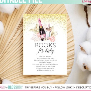 Editable Poppin&#39; Bottles Baby Shower Books for Baby -  Pink Champagne baby Bottle - Girl Bring a Book Invitation Insert PDF 3.5x5