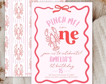Editable Pinch Me I'm One Girl Birthday Invitation - Lobster Broil 1st Birthday Nautical Low Country Crawfish Boil Summer Invitation 5x7 PDF
