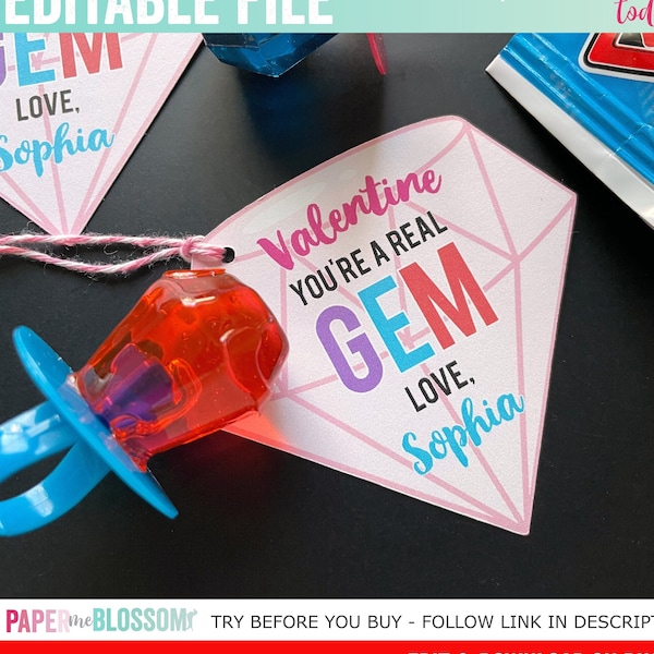 EDITABLE Valentines, You're a Real Gem Ring Pop Valentines Day Kids Gift Tag -  Valentines Diamond Ring Pop Gift Tag - Classroom Valentines