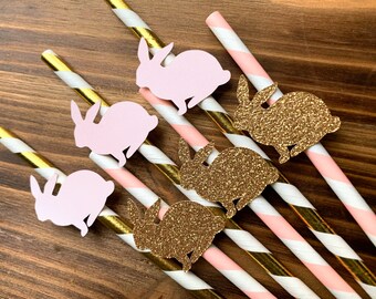Some Bunny is ONE Easter Gold Glitter & Pink Paper Straws - Pink Easter Bunny Paper Straws