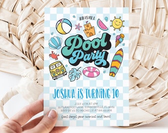 May include: Editable pool party invitation with a blue and white checkered background. The invitation features a cartoon illustration of a pool, beach, and summer-themed items. The text on the invitation reads "Join us for a Pool Party" and "Joshua is turning 10".