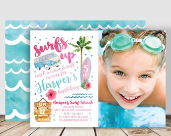 Surfs Up Girl Luau PHOTO Birthday - Summer Surfing Beach Party Invitation 5x7 double sided PDF