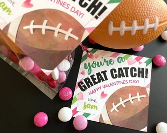 May include: A printable Valentine's Day gift tag featuring a football design and the text "You're a Great Catch! Happy Valentine's Day! Love, Sam".