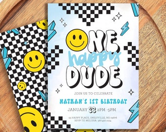 Editable One Happy Dude Retro Smiley Face Birthday Invitation - Retro Groovy First Birthday Invitation - Smiley Face First Birthday Party