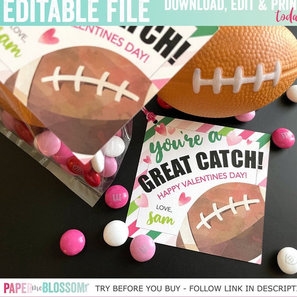 EDITABLE Valentines, Football You're a Great catch Valentines Day Kids Gift Tag - Footballl Valentines Gift Tag - Classroom Valentines