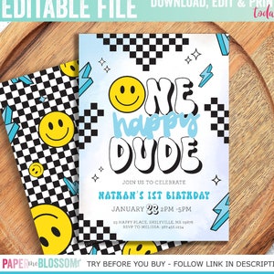 Puede incluir: Una invitación de fiesta de cumpleaños editable con un fondo a cuadros azul, blanco y amarillo. La invitación presenta una cara sonriente con un contorno negro y el texto "ONE happy DUDE" en una fuente retro. El texto "JOIN US TO CELEBRATE NATHAN'S 1ST BIRTHDAY JANUARY 23 2PM-5PM" también está incluido.