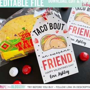 EDITABLE Taco &#39;Bout an awesome Friend Valentines Day Kids Gift Tag - Valentines Treat Bag Tag-Taco Gift Tag - Classroom Valentines exchange