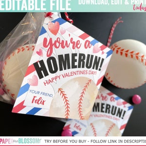 EDITABLE Valentines, Baseball You're a Homerun Valentines Day Kids Gift Tag - Baseball Valentines Gift Tag - Classroom Valentines