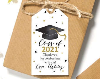 EDITABLE Gold Glitter Graduation Favor Merci Gift Tag - Personnalisable Graduation Merci Favor Tag - Graduation Hat Tag