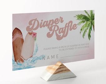 Editable Baby on Board Pink Girl Surfing Baby Shower Diaper Raffle - Ocean Beach Surfing Baby Shower - Diaper Raffle Invitation Insert PDF