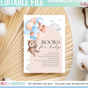 Editable Teddy Bear Balloon Baby Shower Books for Baby - We can Bearly Wait - Ballon Teddy Bring a Book Invitation Insert PDF