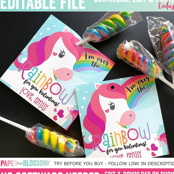 EDITABLE Valentines, I'm over the Rainbow for you Valentines Day Kids Gift Tag - Unicorn Valentines lollipop Gift Tag - Classroom Valentines