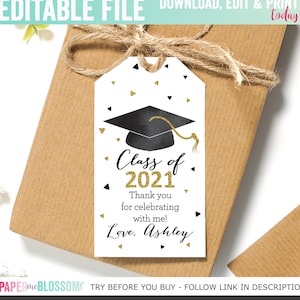 EDITABLE Gold Glitter Graduation Favor Thank You Gift Tag - Customizable Graduation Thank you Favor Tag - Graduation Hat Tag