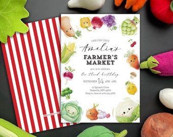 May include: Editable printable invitation for a child's third birthday party. The invitation features a cartoon illustration of various vegetables with smiling faces. The text reads "Amelia's Farmer's Market, join us to celebrate her third birthday, September 14th, 2PM-5PM, 19 Spinach Drive, Farmville, MN 09876, RSVP to Jane at 908.1234.5678".
