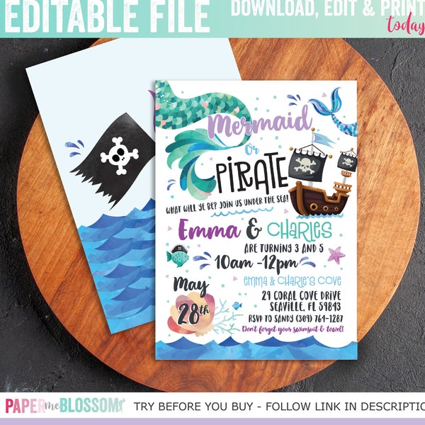 Editable Calling all Pirates & Mermaids Party Birthday Invitation - Pirate or mermaid unisex Invite - Boy/Girl Joint Birthday Invite 5x7 PDF