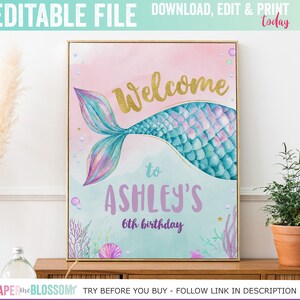 EDITABLE Little Mermaid Splish Splash Birthday Welcome Poster -Under the sea Mermaid Tail Welcome Sign-Watercolor Mermaid Welcome Sign 16x20