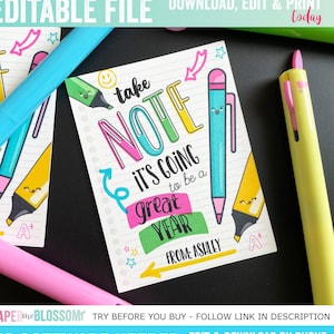EDITABLE First Day of School Kids Gift Tag/Back to School for Teacher Classmate Student Favor Tags/Take a Note its going to be a Bright Year