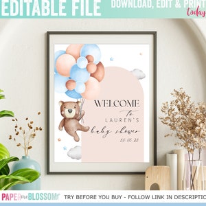 EDITABLE Teddy Bear Balloon Baby Shower Welcome Poster - We can Bearly Wait Welcome Sign - Teddy Bear Shower Welcome Poster 16x20
