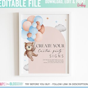 EDITABLE Teddy Bear Balloon Baby Shower Custom Sign - We Can Bearly Wait Baby Shower Signage - Teddy Party Custom Sign PDF DIY File 8x10