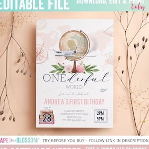 Editable What a ONEderful World Girl Birthday Invitation - Adventure Awaits Birthday Invitation -Girl 1st World Globe Birthday Party 5x7 PDF