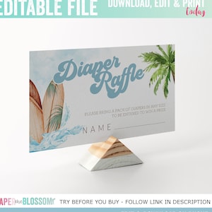Editable Baby on Board Surfing Baby Shower Diaper Raffle - Ocean Beach Surfing Baby Shower - Baby Surf Diaper Raffle Invitation Insert PDF