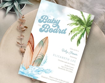 May include: A blue and white baby shower invitation with a watercolor illustration of surfboards and a palm tree. The text reads "Baby on Board" and includes the details of the event, including the name of the guest of honor, Elizabeth Lee, the date, time, and location.