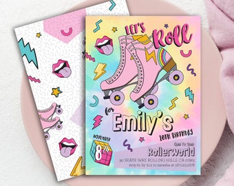 May include: Editable invitation for a 10th birthday party with a roller skating theme. The invitation features a pair of pink roller skates with rainbow wheels, a tie-dye background, and the text "Let's Roll for Emily's 10th Birthday".