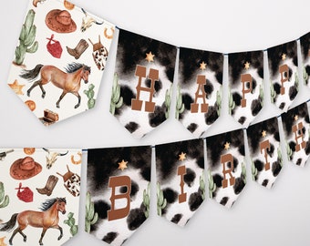 May include: A printable cowboy-themed birthday banner with black and white cow print, cactus, and stars. The banner says "Happy Birthday".