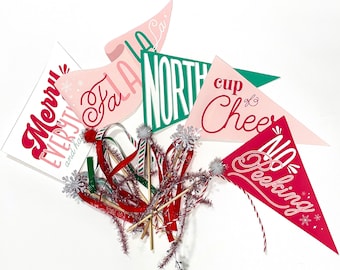 5 Set Christmas No Peeking/Cup of Cheer/North Pole/Fa La La La/Merry Everything Pennants/Christmas Party Decor Pennant Flags/Christmas Wands